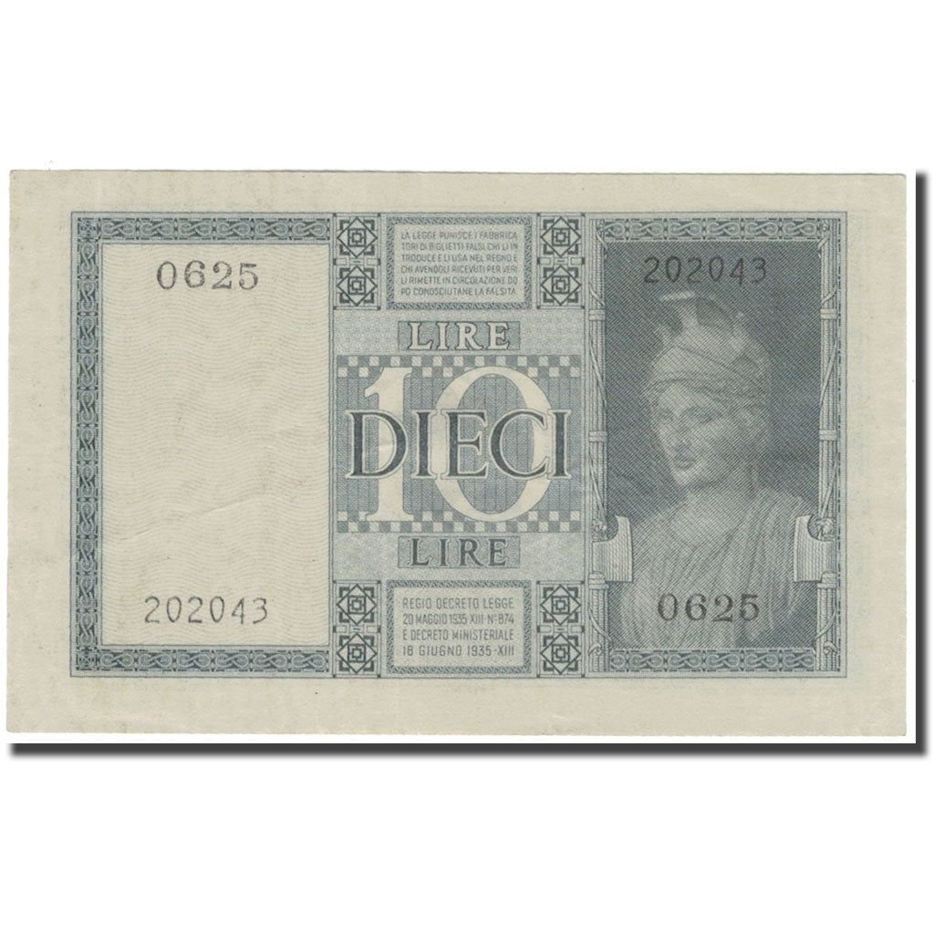 Banknote, Italy, 10 Lire, 1939, 1939, KM:25a, VF(20-25)