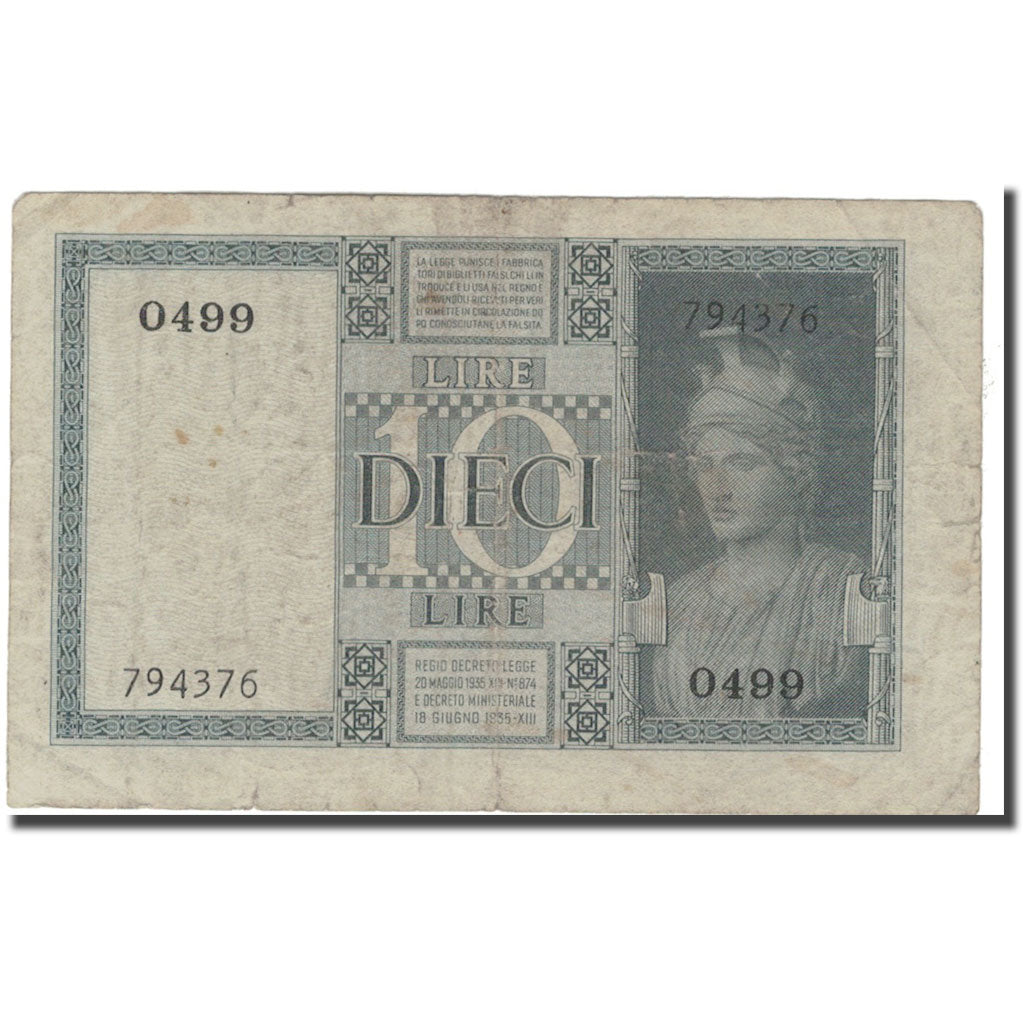 Banknote, Italy, 10 Lire, 1939, 1939, KM:25a, VF(20-25)