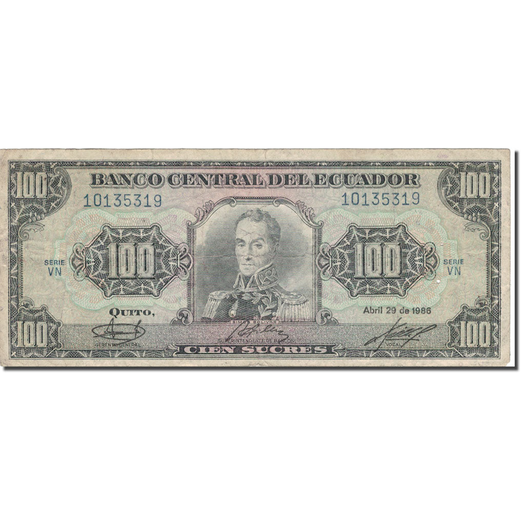 Banknote, Ecuador, 100 Sucres, 1986, 1986-04-29, KM:123, VF(20-25)