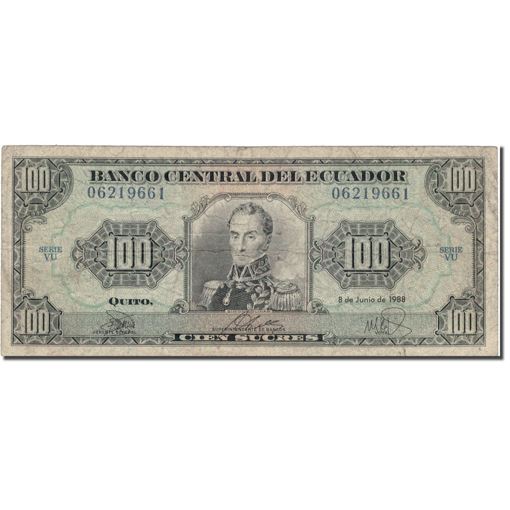 Banknote, Ecuador, 100 Sucres, 1988, 1988-06-08, KM:123Aa, VF(20-25)