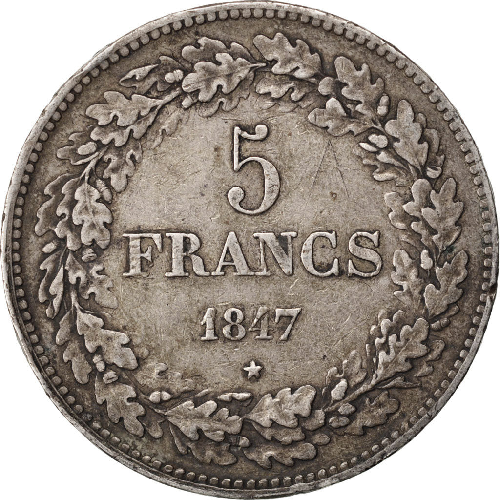 BELGIUM, 5 Francs, 5 Frank, 1847, KM #3.2, EF(40-45), Silver, 24.90