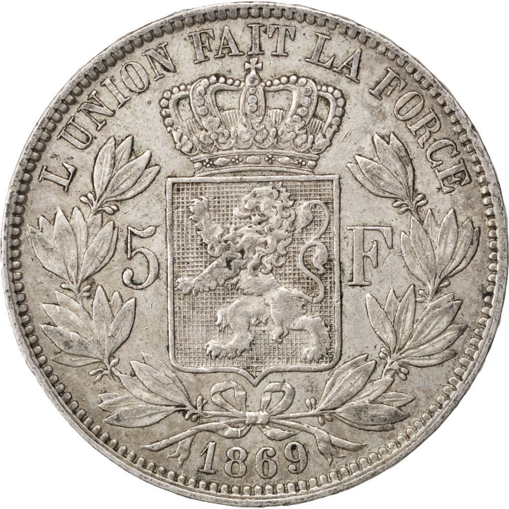 Belgio, Leopold II, 5 Francs, 5 Frank, 1869, BB, Argento, KM:24