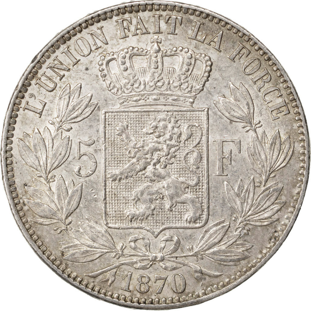 BELGIUM, 5 Francs, 5 Frank, 1870, KM #24, AU(55-58), Silver, 25.00