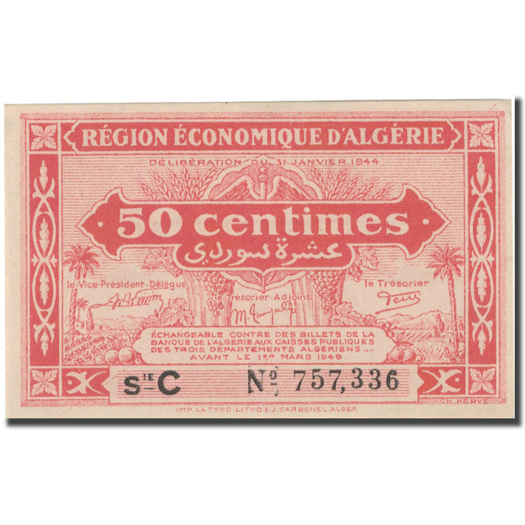 Billet, Algeria, 50 Centimes, 1944, 1944-01-31, KM:100, TTB+