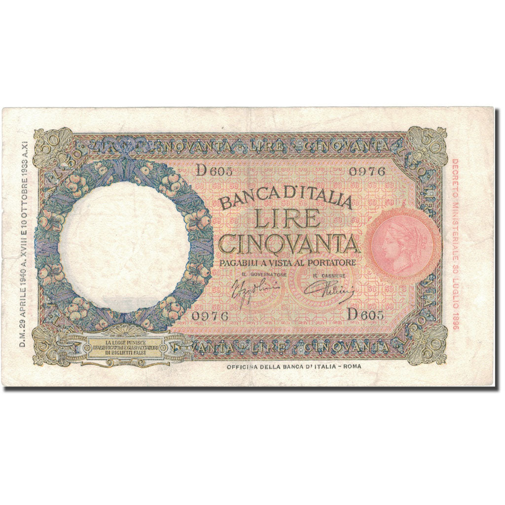Banknote, Italy, 50 Lire, 1933, 1933-10-11, KM:54a, VF(30-35)