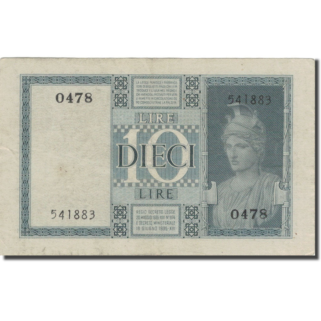Banknote, Italy, 10 Lire, 1939, 1939, KM:25b, VF(20-25)