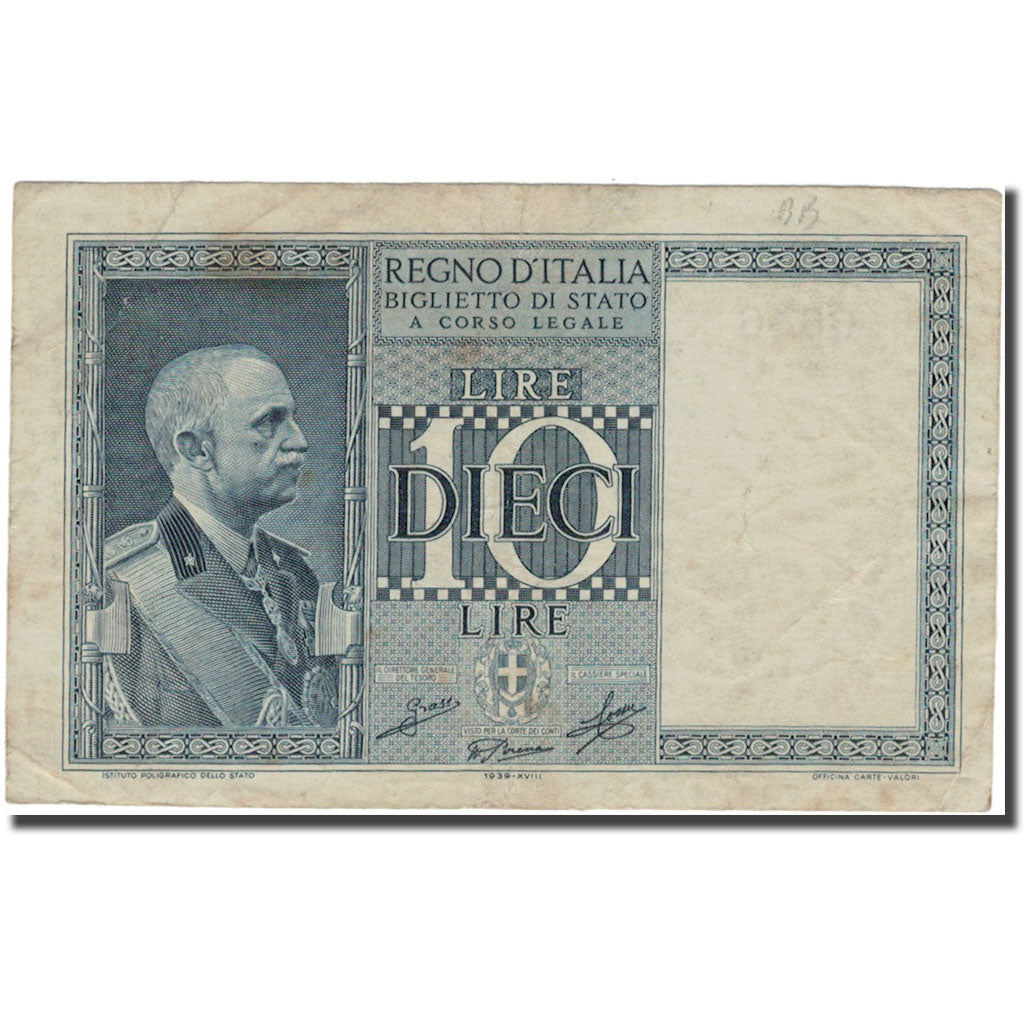 Banknote, Italy, 10 Lire, 1939, 1939, KM:25b, VF(20-25)