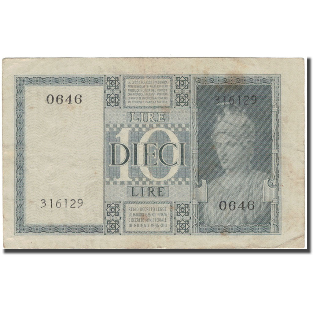Banknote, Italy, 10 Lire, 1939, 1939, KM:25b, VF(20-25)