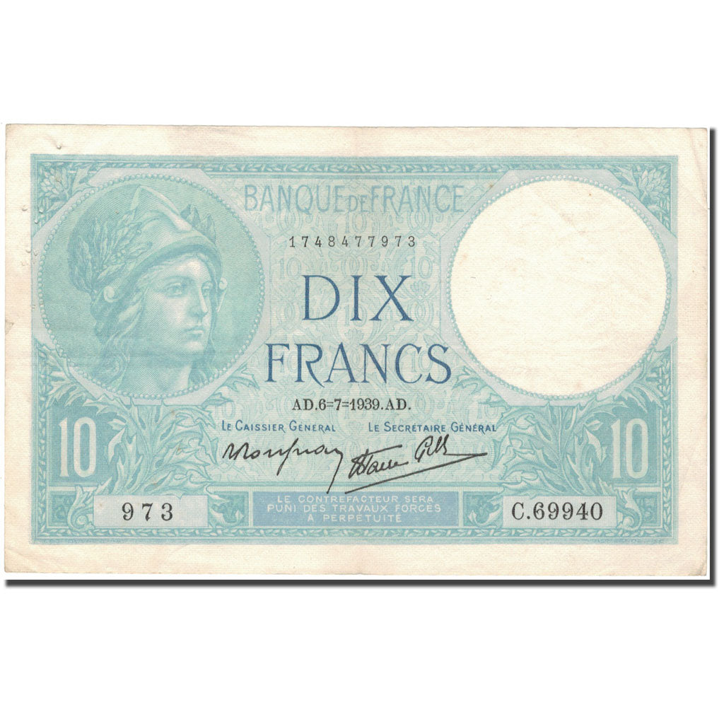 France, 10 Francs, Minerve, 1939, platet strohl, 1939-07-06, VF(20-25)