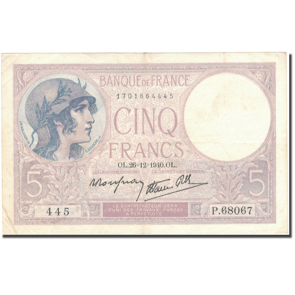 Francia, 5 Francs, Violet, 1940, 1940-12-26, BB, Fayette:04.18, KM:83