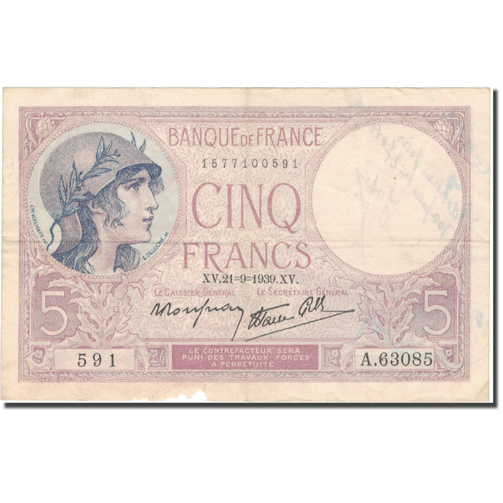 France, 5 Francs, Violet, 1939, 1939-09-21, B+, Fayette:04.09, KM:83