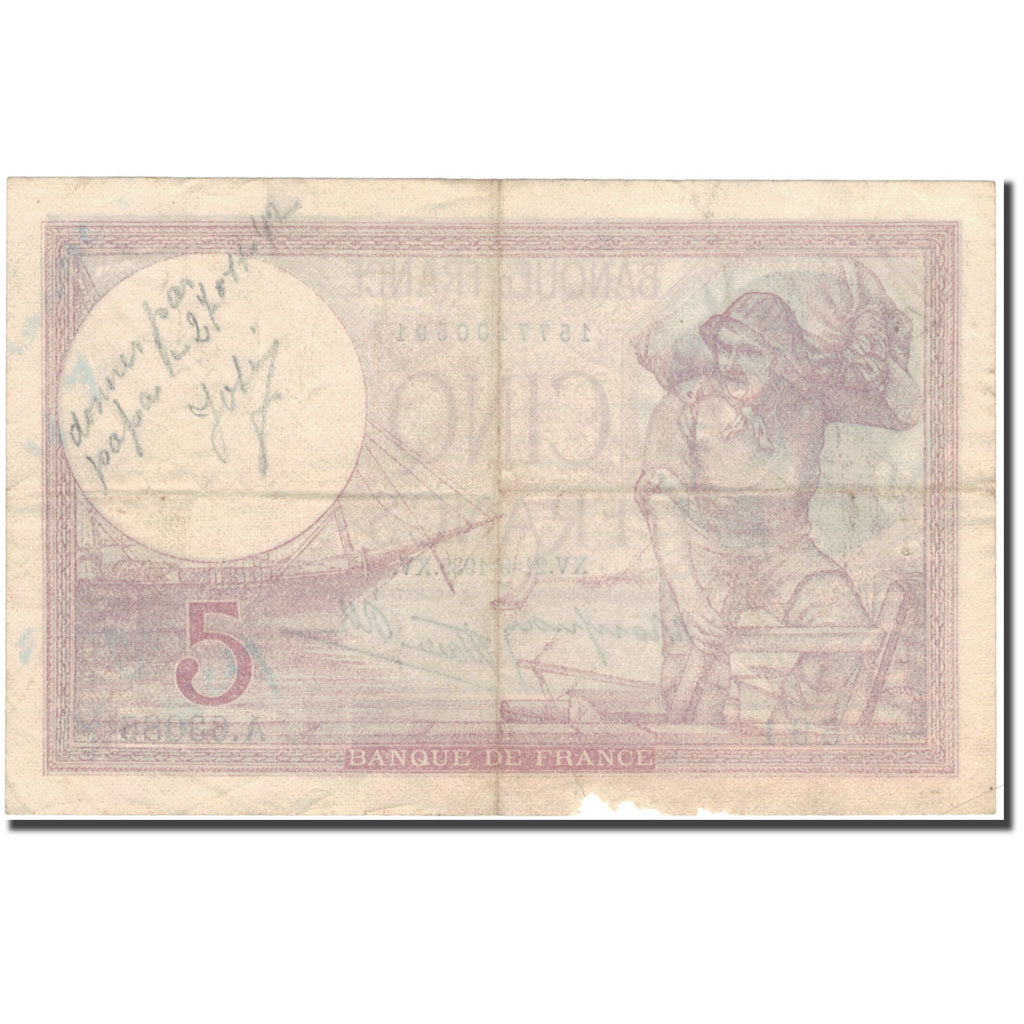 France, 5 Francs, Violet, 1939, 1939-09-21, B+, Fayette:04.09, KM:83