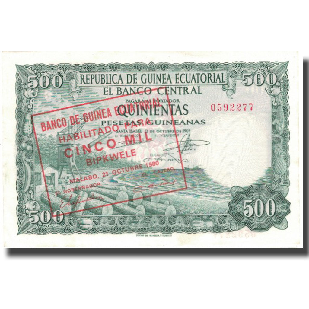 Banknote, Equatorial Guinea, 5000 Bipkwele on 500 Pesetas, 1980, 1980-10-21