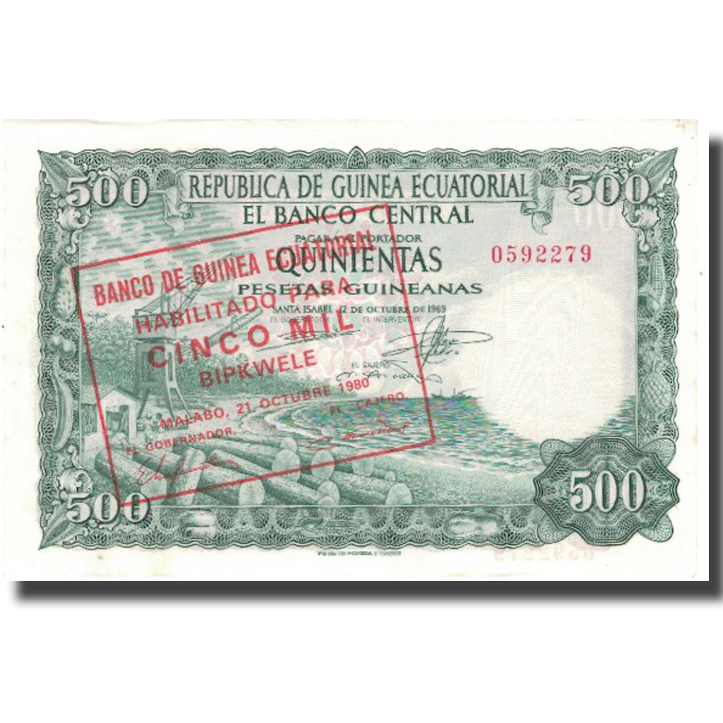 Banknote, Equatorial Guinea, 5000 Bipkwele on 500 Pesetas, 1980, 1980-10-21