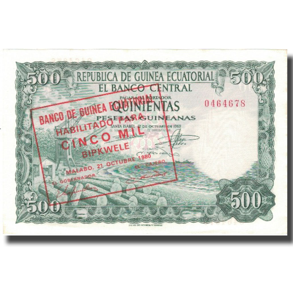 Banknote, Equatorial Guinea, 5000 Bipkwele on 500 Pesetas, 1980, 1980-10-21