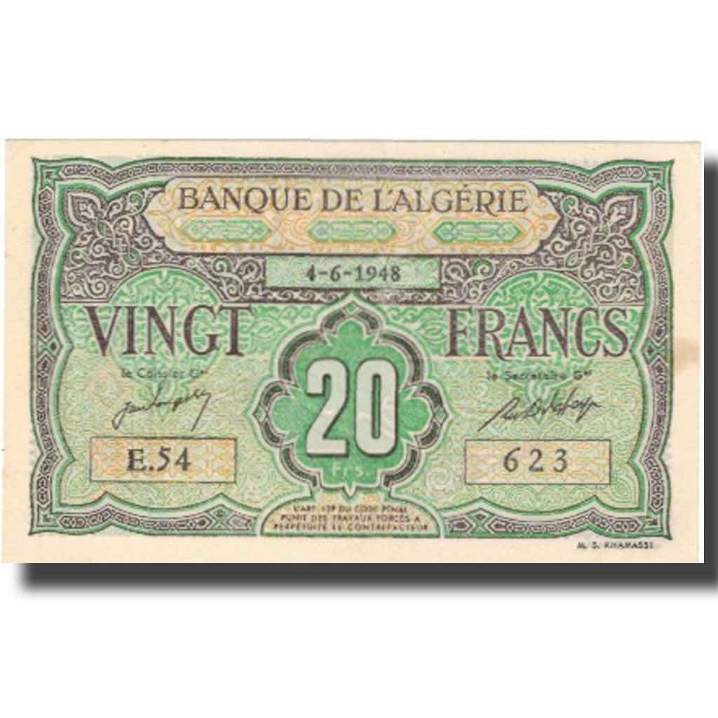 Banknote, Algeria, 20 Francs, 1948, 1948-06-04, KM:103, UNC(60-62)