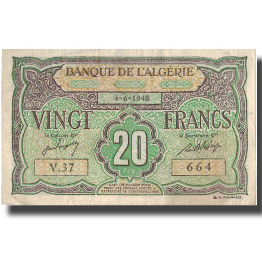Banknote, Algeria, 20 Francs, 1948, 1948-06-04, KM:103, AU(55-58)