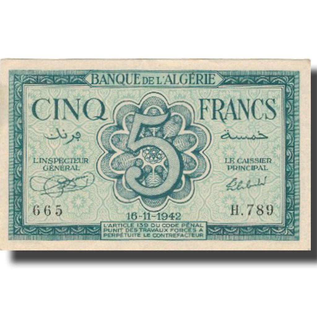 Banknote, Algeria, 5 Francs, 1942, 1942-11-16, KM:91, AU(55-58)