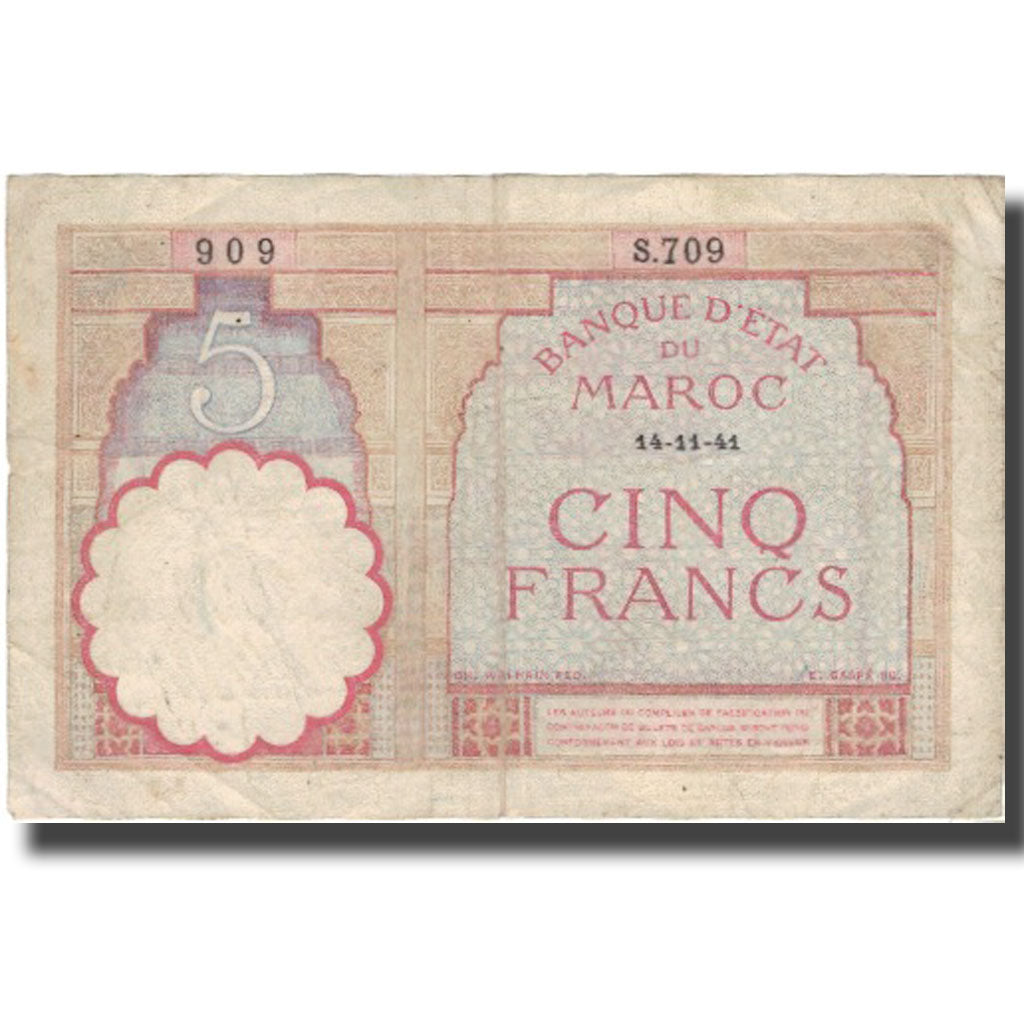 Billet, Maroc, 5 Francs, 1941, 1941-11-14, KM:23Ab, TB+
