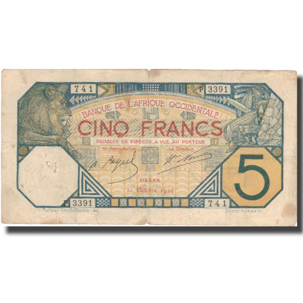 Banknote, French West Africa, 5 Francs, 1926, 1926-02-17, KM:5Bc, VF(20-25)