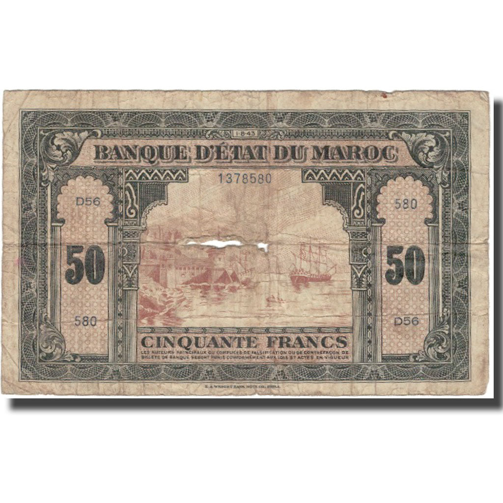 Billet, Maroc, 50 Francs, 1943, 1943-08-01, KM:26a, B+