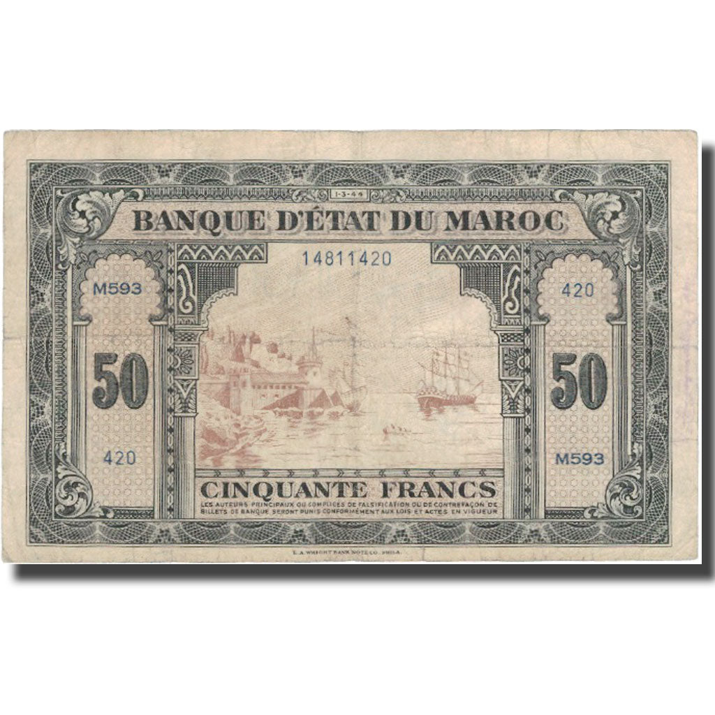 Banknote, Morocco, 50 Francs, 1943, 1943-08-01, KM:26a, VF(20-25)