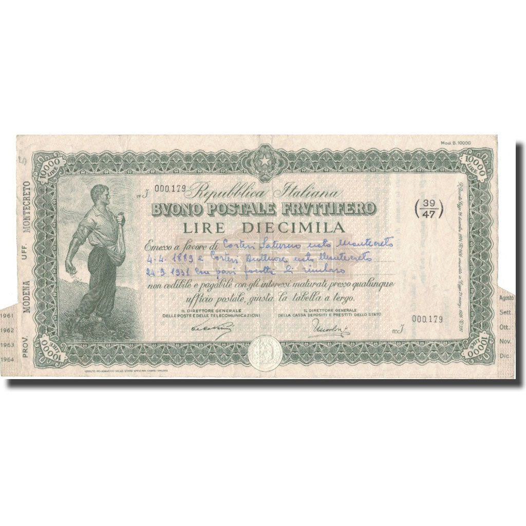 Banknote, Italy, 10000 Lire, 1961, 1961-08-25, AU(50-53)
