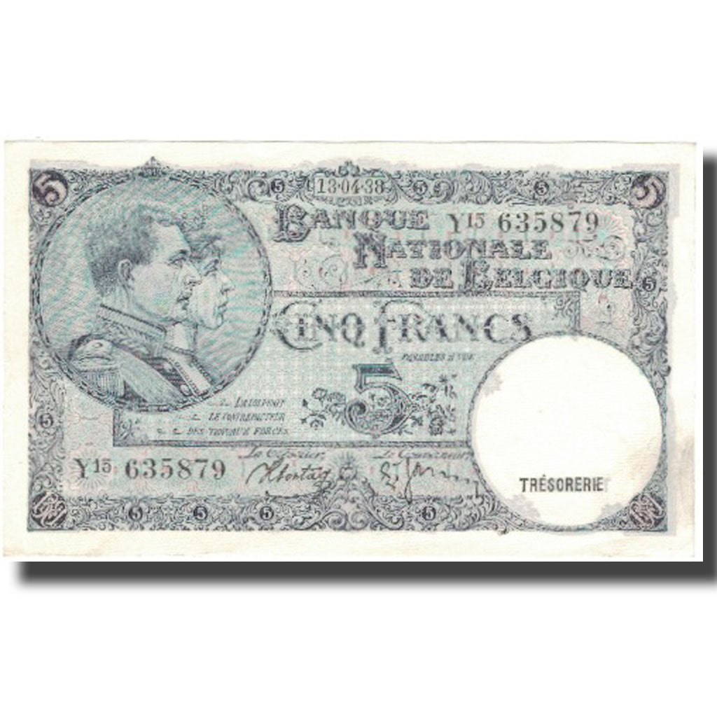 Banknote, Belgium, 5 Francs, 1938, 1938-04-13, KM:108a, AU(50-53)