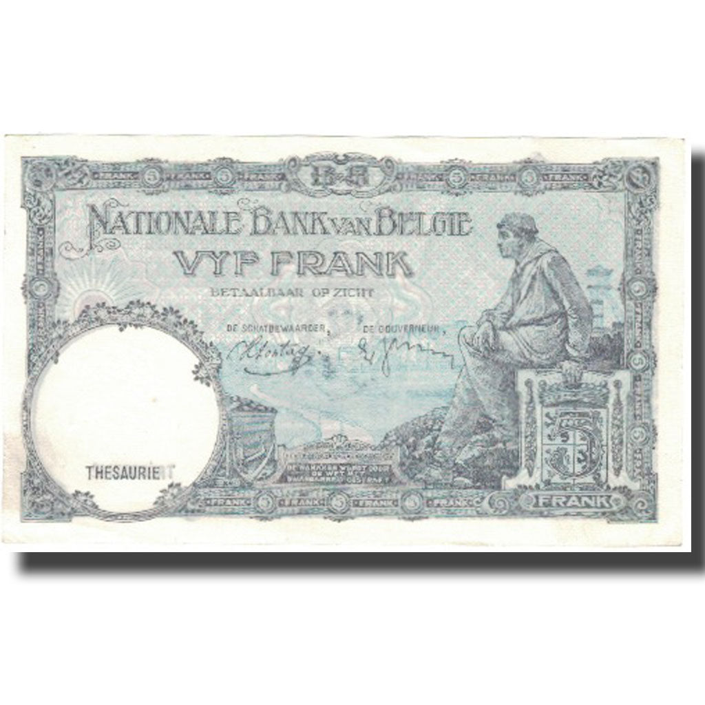 Banknote, Belgium, 5 Francs, 1938, 1938-04-13, KM:108a, AU(50-53)