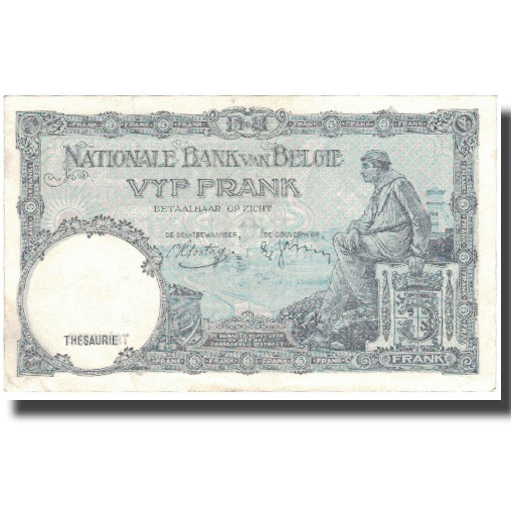Banknote, Belgium, 5 Francs, 1938, 1938-04-13, KM:108a, AU(50-53)