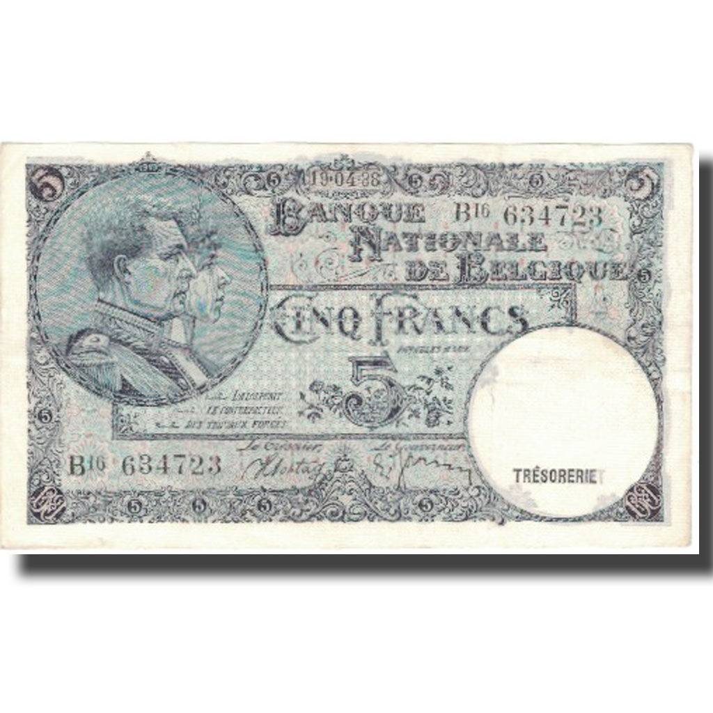 Banconote, Belgio, 5 Francs, 1938, 1938-04-19, KM:108a, BB