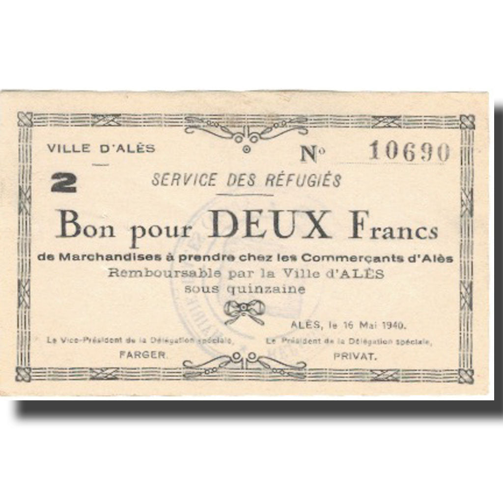 Francia, Alès, 2 Francs, 1940, SPL
