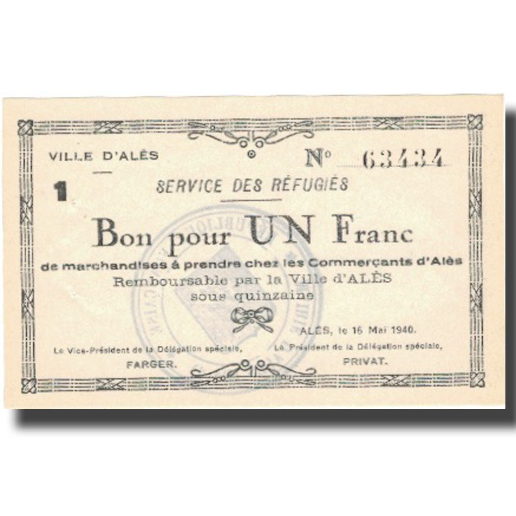 Francja, Alès, 1 Franc, 1940, UNC(64)
