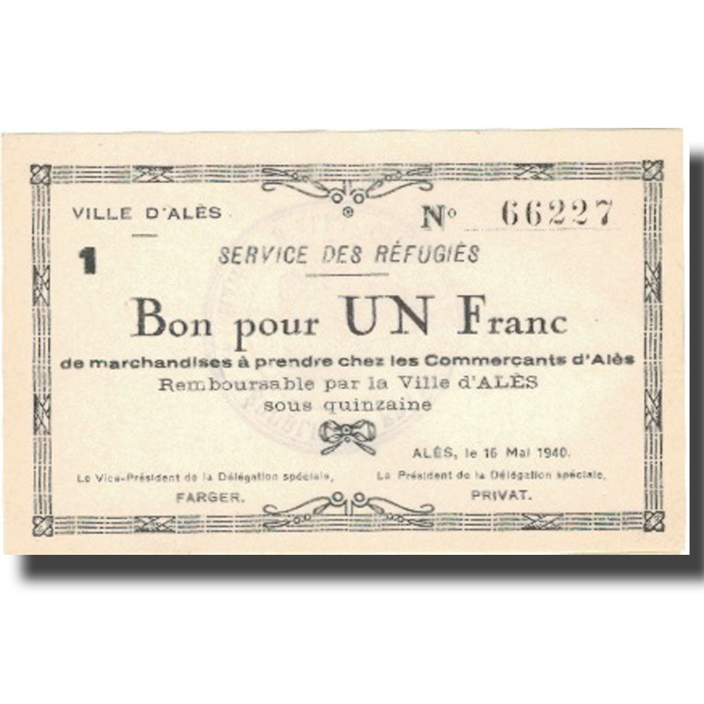 Francja, Alès, 1 Franc, 1940, UNC(64)