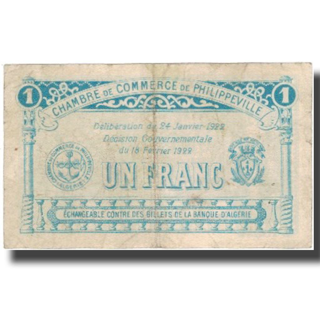 Banknote, Algeria, 1 Franc, Chambre de Commerce, 1922, 1922-01-24, VF(20-25)
