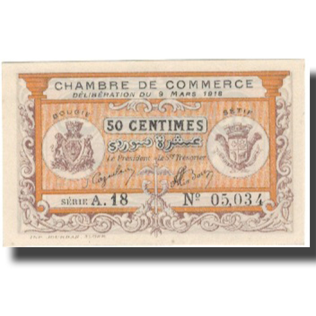 Billet, Algeria, 50 Centimes, Chambre de Commerce, 1918, 1918-03-09, SPL
