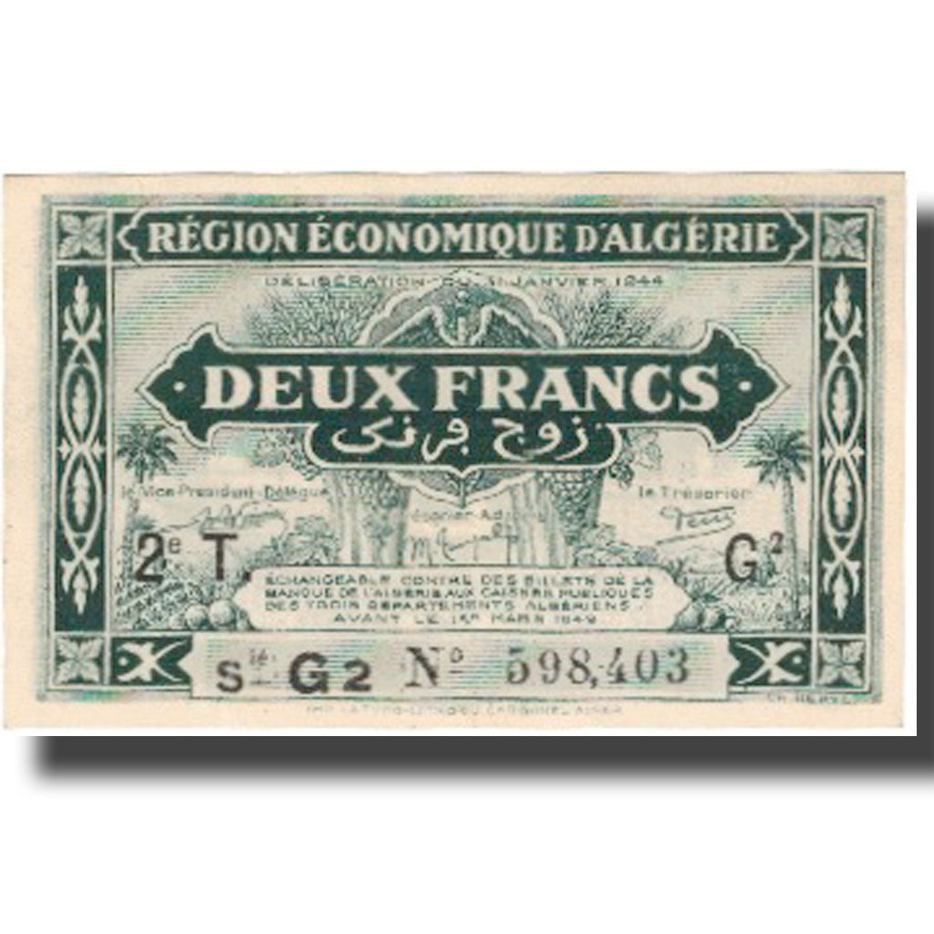 Banconote, Algeria, 2 Francs, valeur faciale, 1944, 1944-01-31, SPL