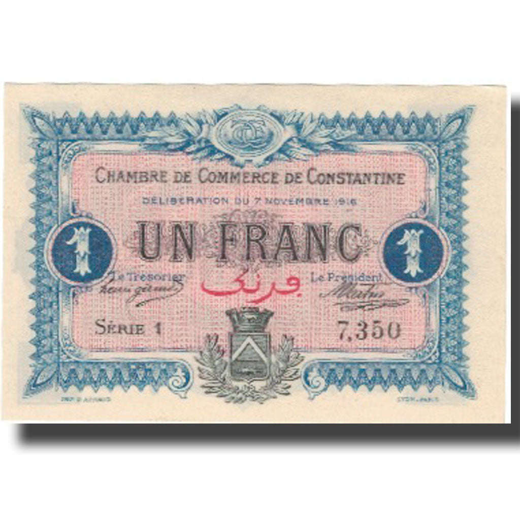 Banknote, Algeria, 1 Franc, Chambre de Commerce, 1916, 1916-11-07, UNC(63)