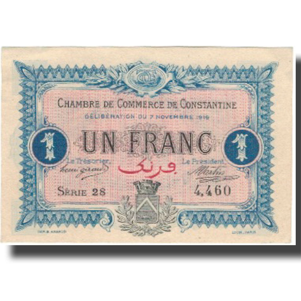 Banknote, Algeria, 1 Franc, Chambre de Commerce, 1916, 1916-11-07, UNC(63)