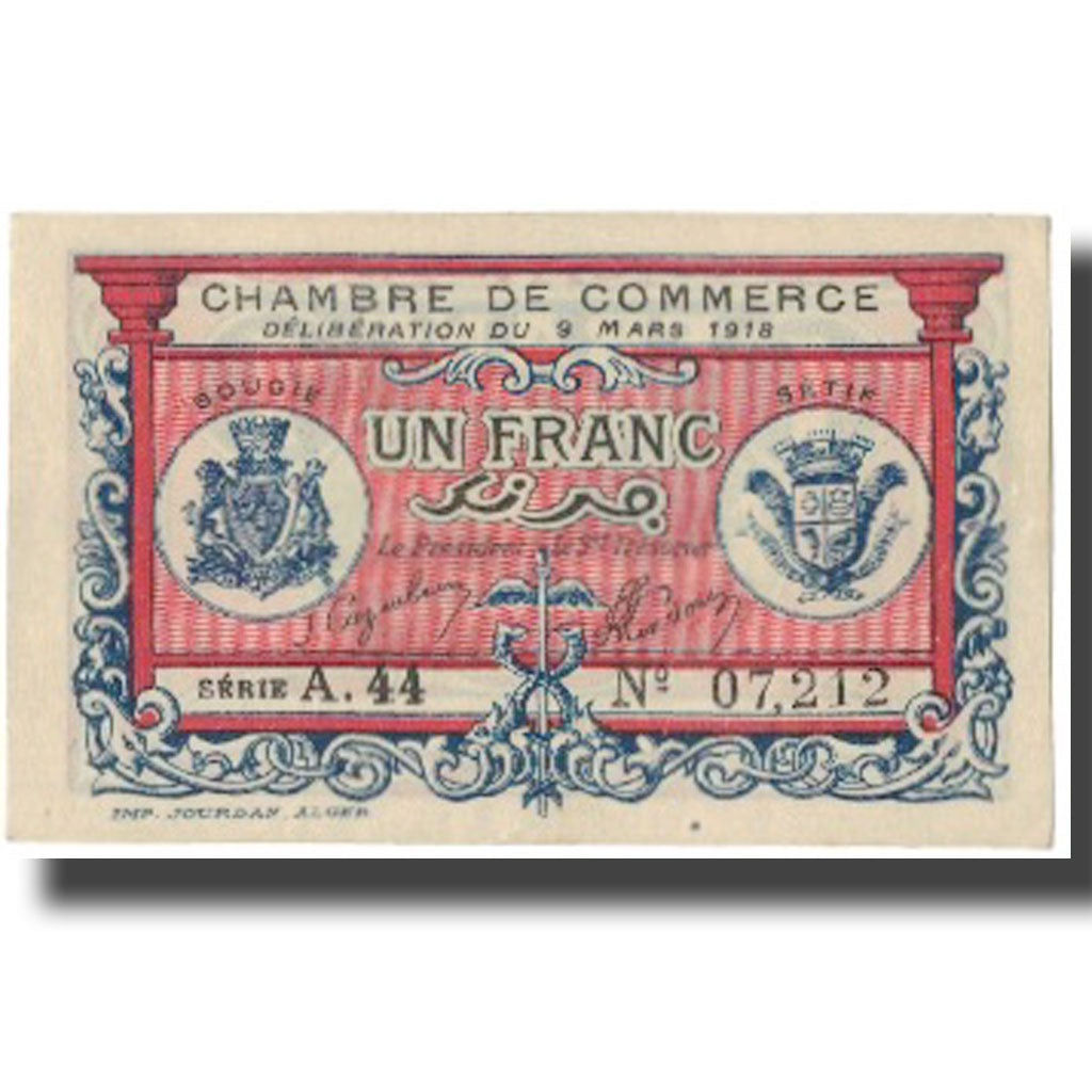 Billet, Algeria, 1 Franc, Chambre de Commerce, 1918, 1918-03-09, SUP