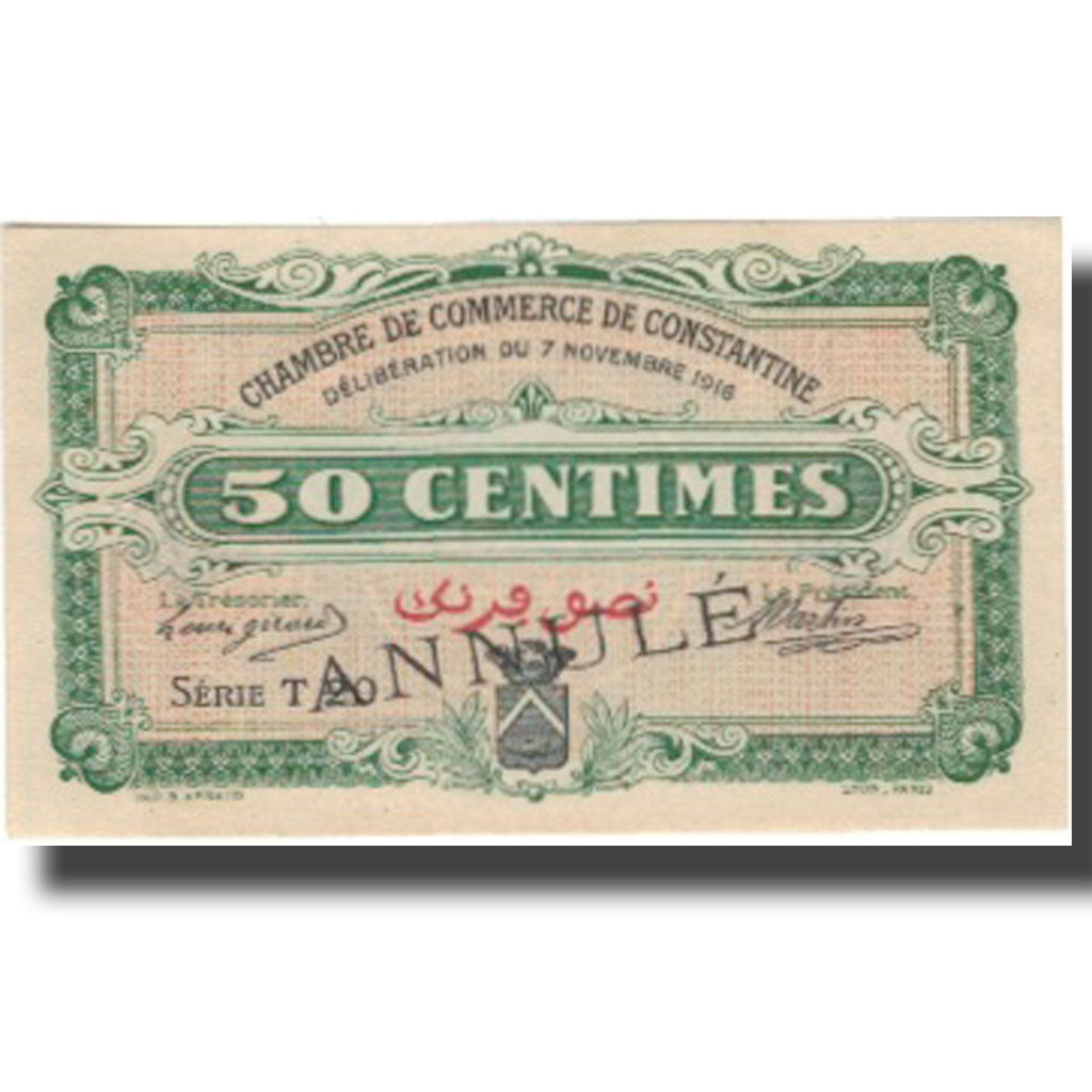 Banknote, Algeria, 50 Centimes, Chambre de Commerce, 1916, 1916-11-07, ANNULÉ