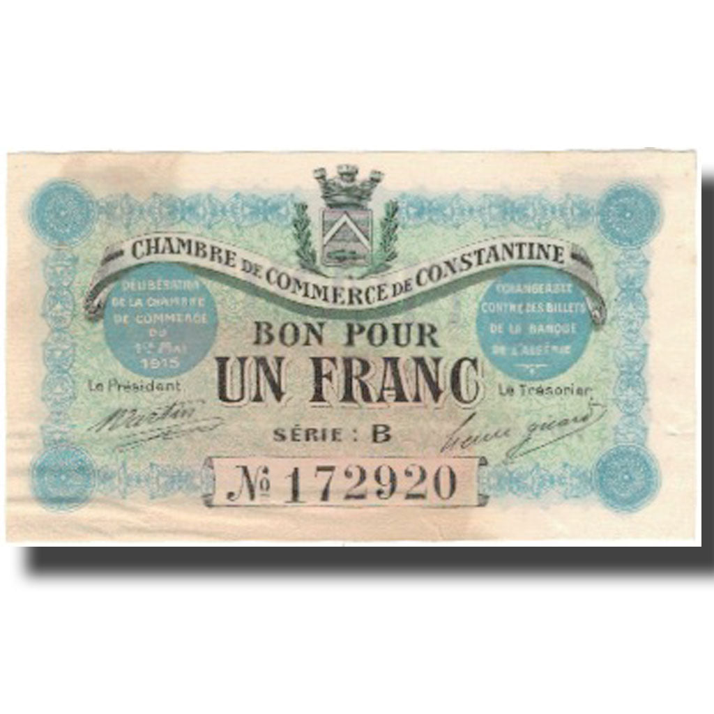 Banknote, Algeria, 1 Franc, Chambre de Commerce, 1915, 1915-05-01, AU(55-58)
