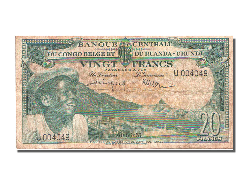 Belgian Congo, 20 Francs, 1957, KM #31, 1957-06-01, VF(20-25), U.004049