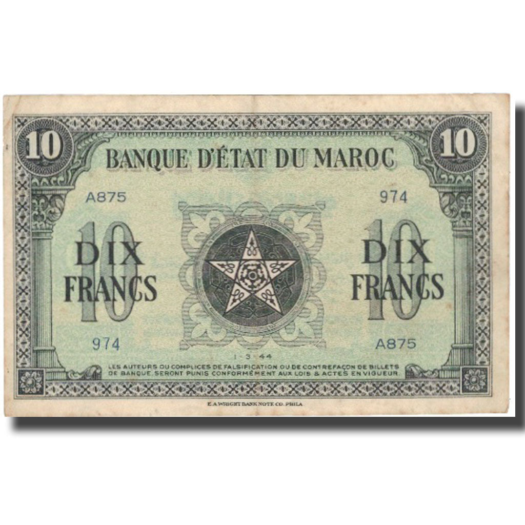 Banknote, Morocco, 10 Francs, 1944, 1944-03-01, KM:25a, AU(50-53)