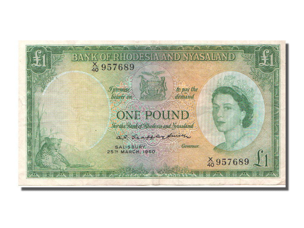 Rhodesia and Nyasaland, 1 Pound, 1960, KM #21a, 1960-03-25, EF(40-45),...