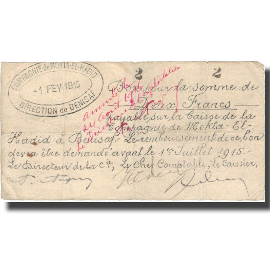 Geldschein, Algeria, 2 Francs, Texte, 1915, 1915-02-01, SS
