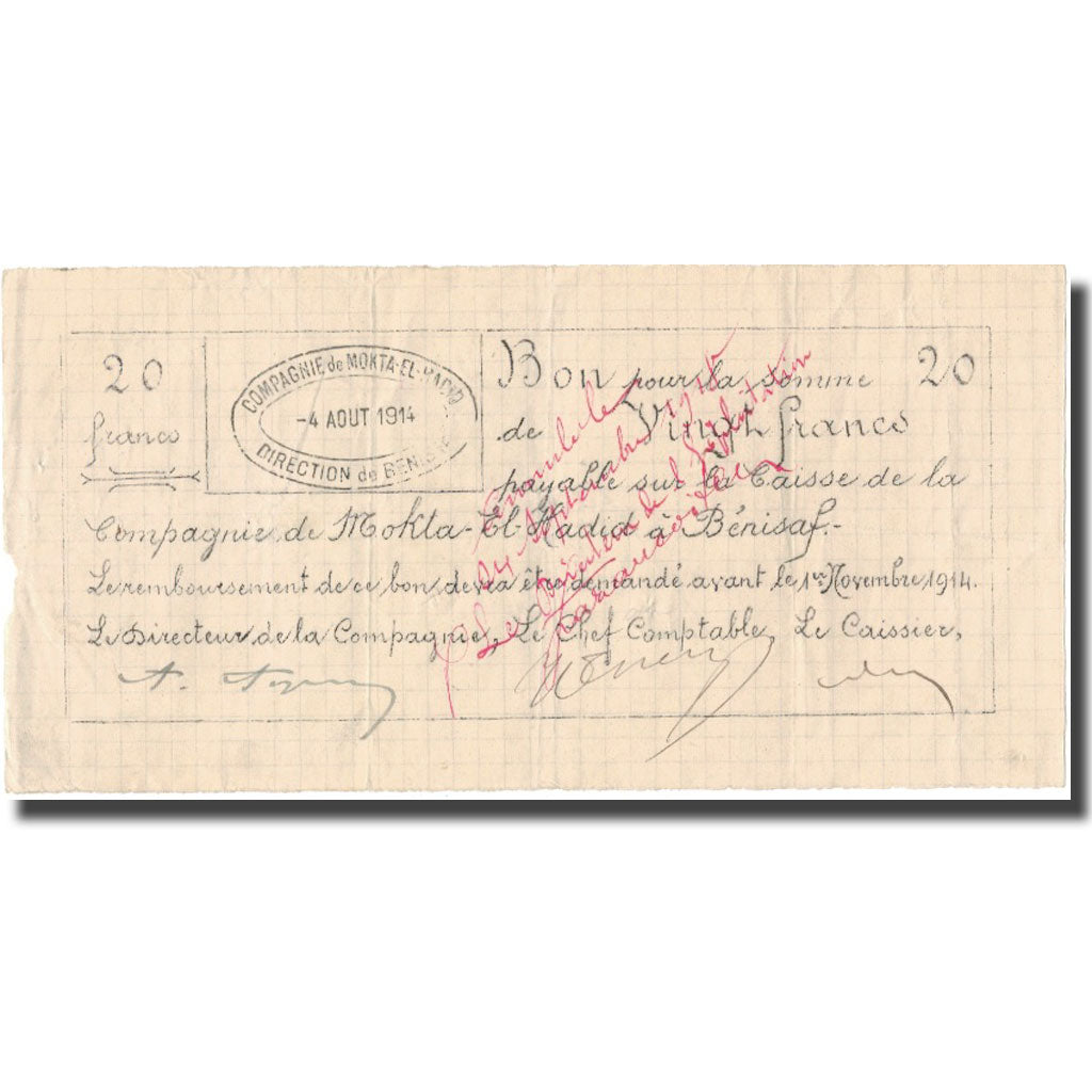 Billet, Algeria, 20 Francs, Texte, 1914, 1914-08-04, TTB
