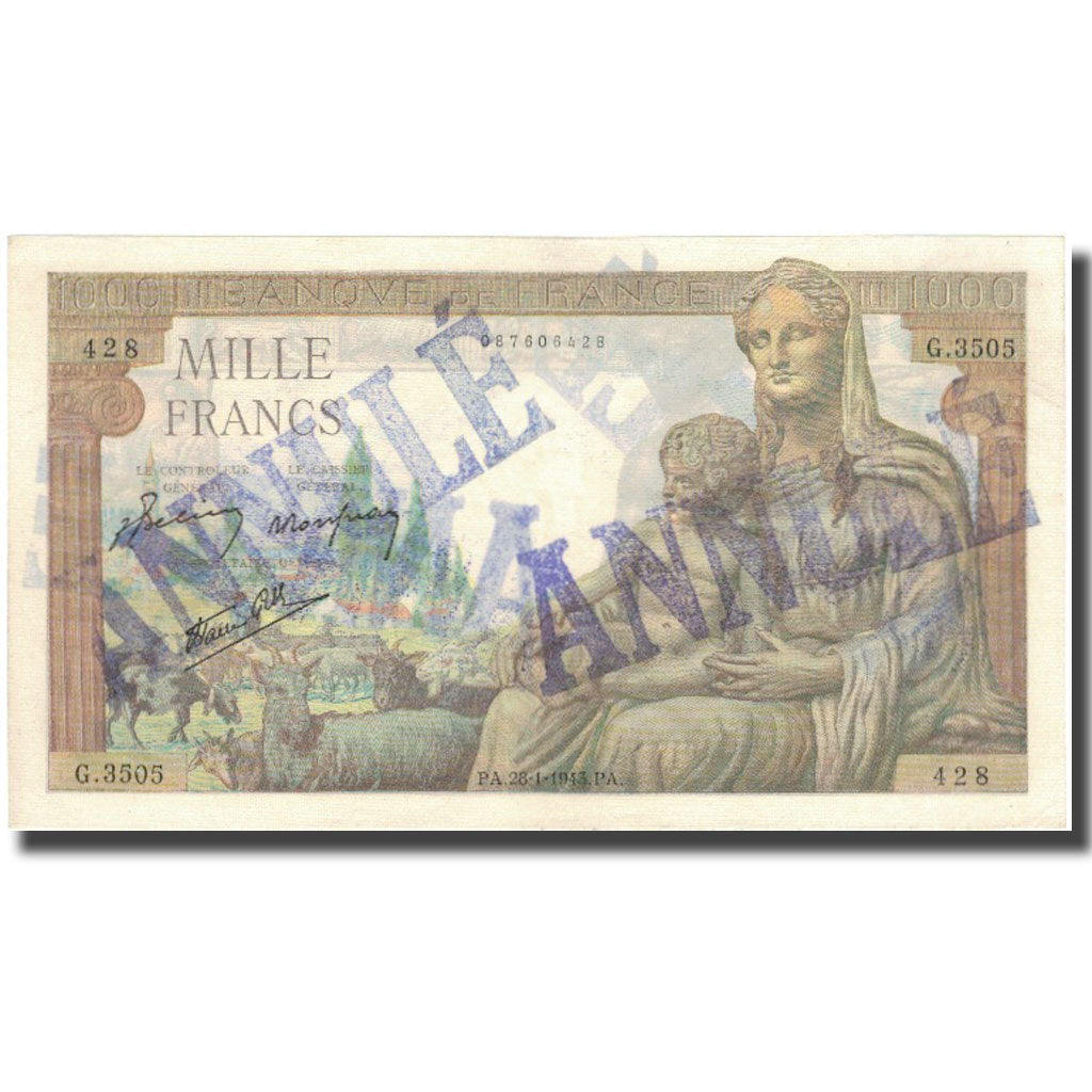 France, 1000 Francs, 1943, 1943-01-28, ANNULÉ, UNC(60-62), Fayette:40.17