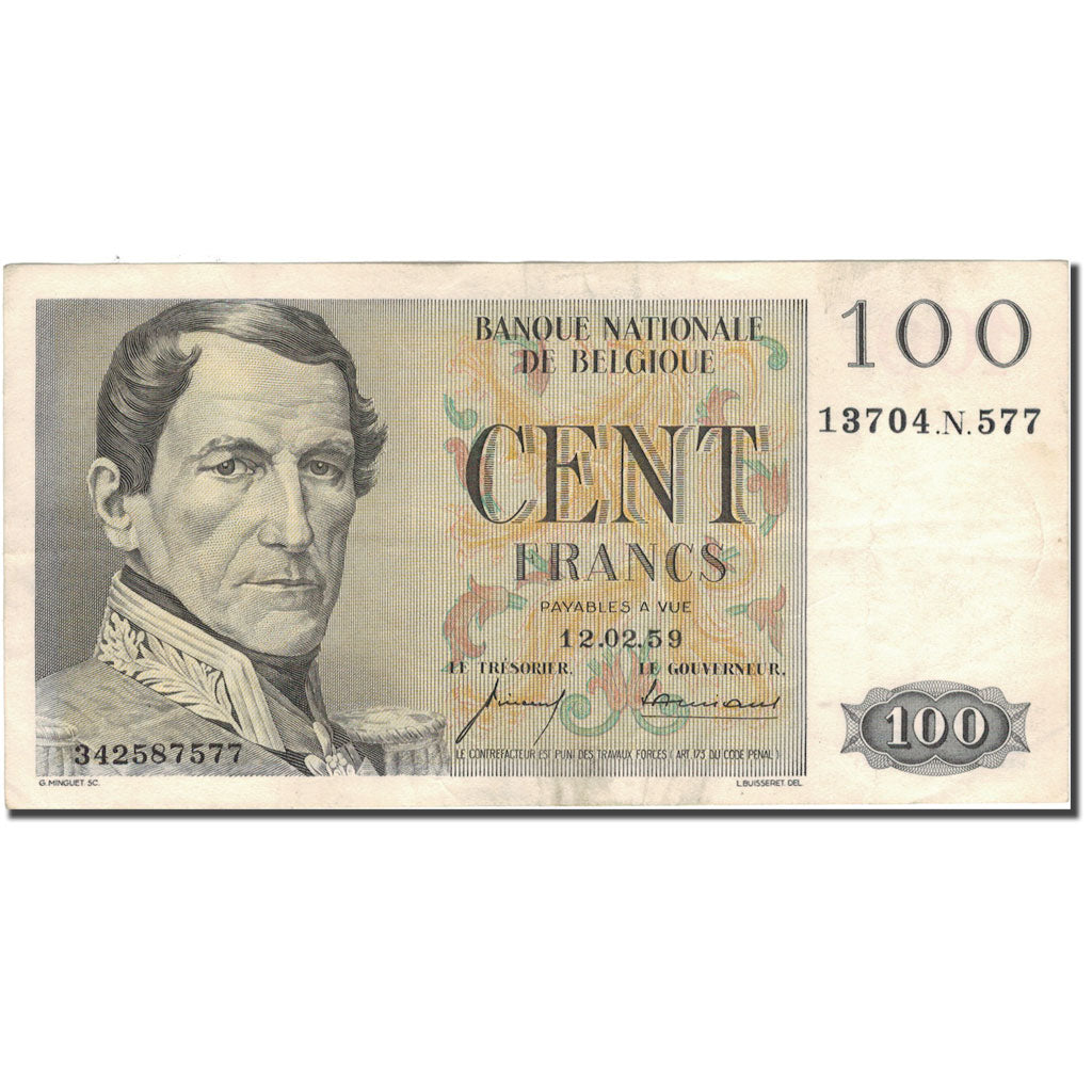 Banknote, Belgium, 100 Francs, 1959, 1959-02-12, KM:129c, VF(30-35)