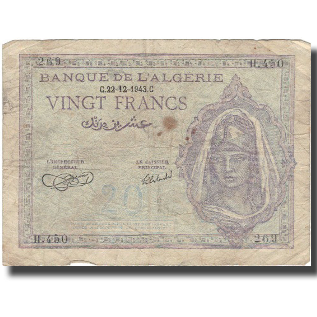 Nota, Argélia, 20 Francs, 1943, 1943-12-22, KM:92a, F(12-15)